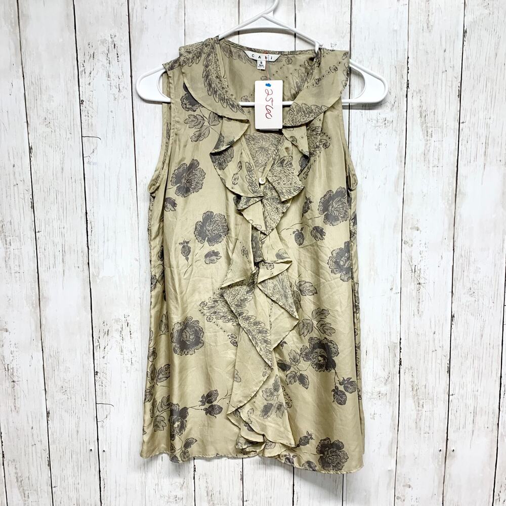 Cabi Top Women Sz Small Tranquil Floral Ruffle Silk Sleeveless Blouse Style 149